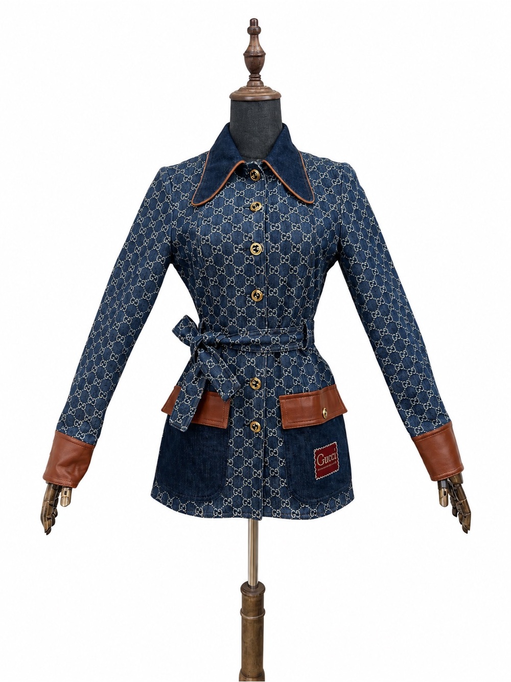 🚩steal Gucci Blue Monogram Denim Jacket with Brown Leather Accents